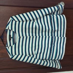 Talbots Cream and Blue Stripe Thick Long Sleeve Blazer Size 14 Petite